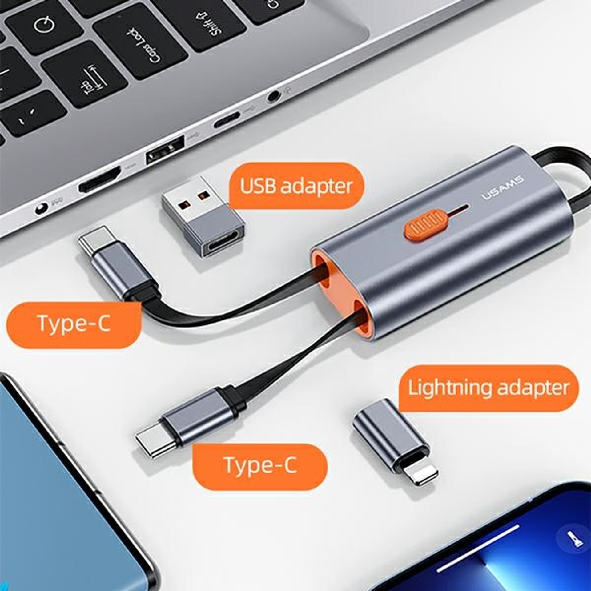 

USAMS Adapter 4w1 2xUSB-C / USB-C na USB-A/ USB-C na Lightning 60W stalowy/steel SJ560USB01 (US-SJ560)