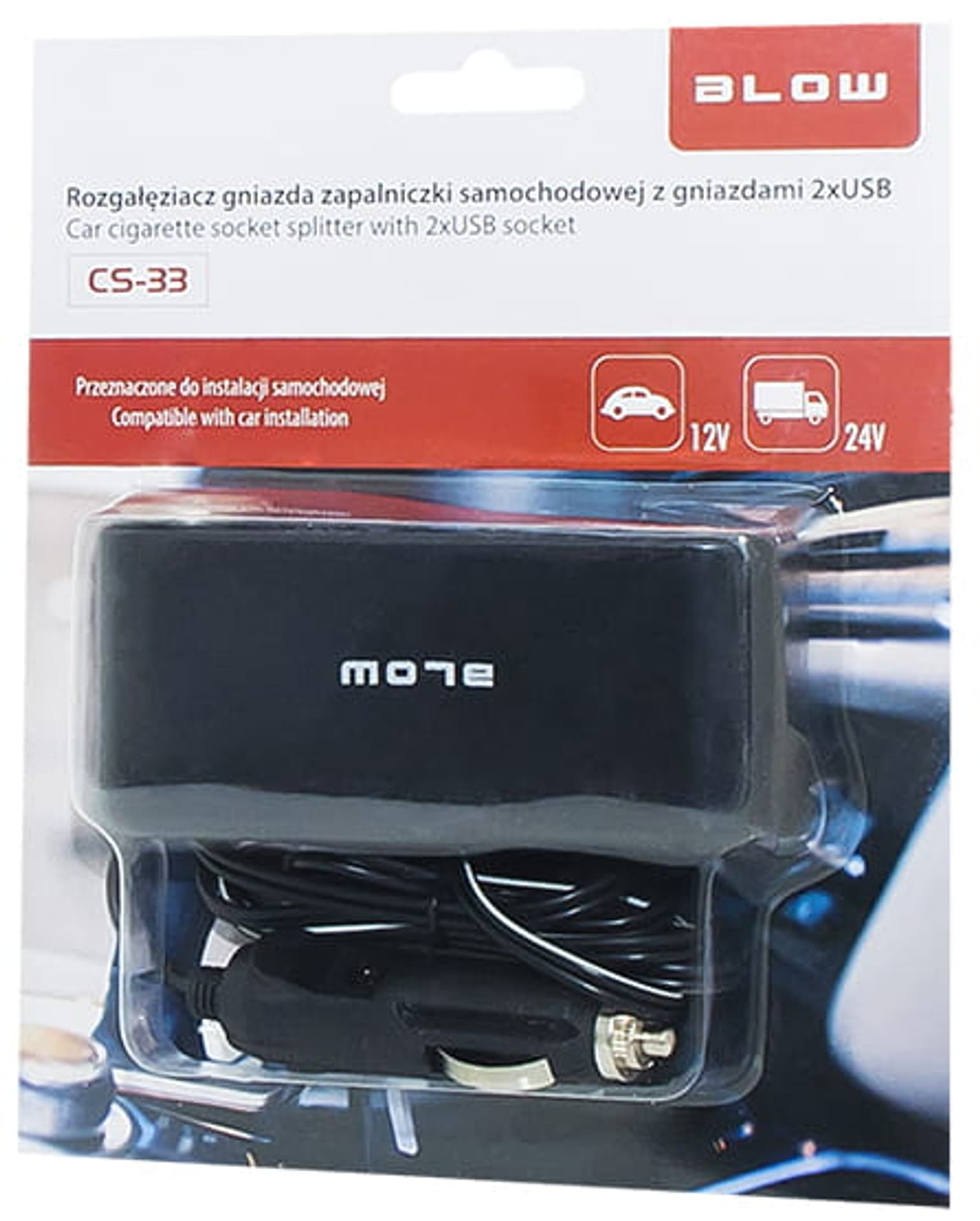 

Rozgałęźnik zapalniczki 1x2 12/24V Blow CS-33 + USB