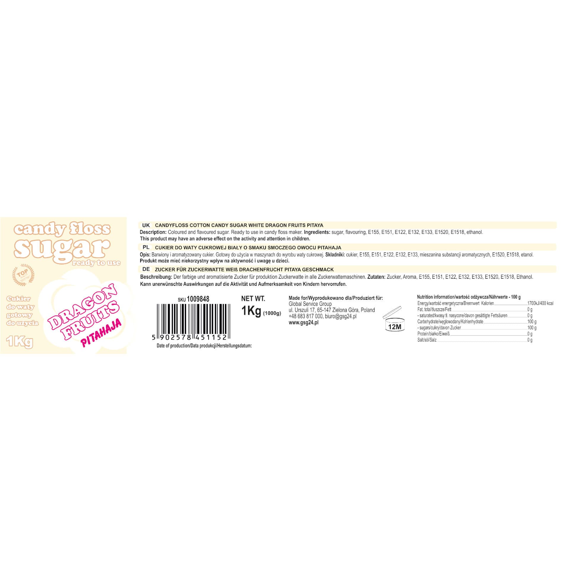 

Cukier do waty cukrowej biały o smaku smoczego owocu pitahaja 1kg