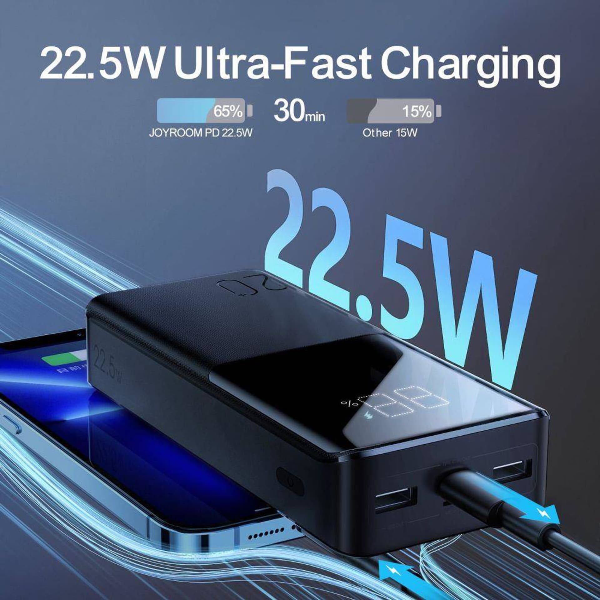 

Power Bank 20000mAh 22,5W 2xUSB QC3.0 + USB-C PD3.0 + Micro USB Wyświetlacz LED Bateria Zewnętrzna Fast Charge JOYROOM JR-QP192 czarny