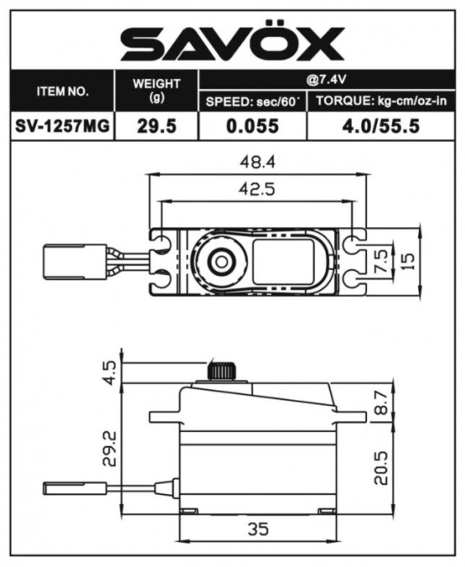 

Serwo Savox SV-1257MG 29.5g (micro, 4kg/.0,055sec)