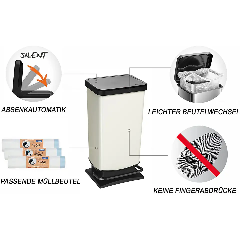 Trash bin with pedal Rotho Paso 40L cool white