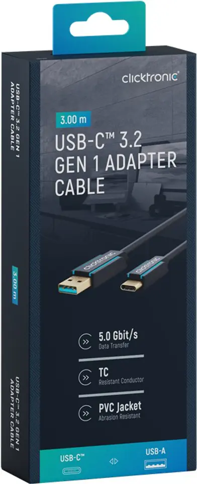 ⁨CLICKTRONIC Cable USB 3.0 - USB-C 3m⁩ at Wasserman.eu