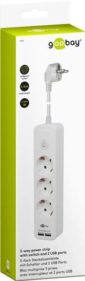 ⁨Listwa zasilająca Goobay 3xAC 230V + 2xUSB 5V/2,1A⁩ w sklepie Wasserman.eu