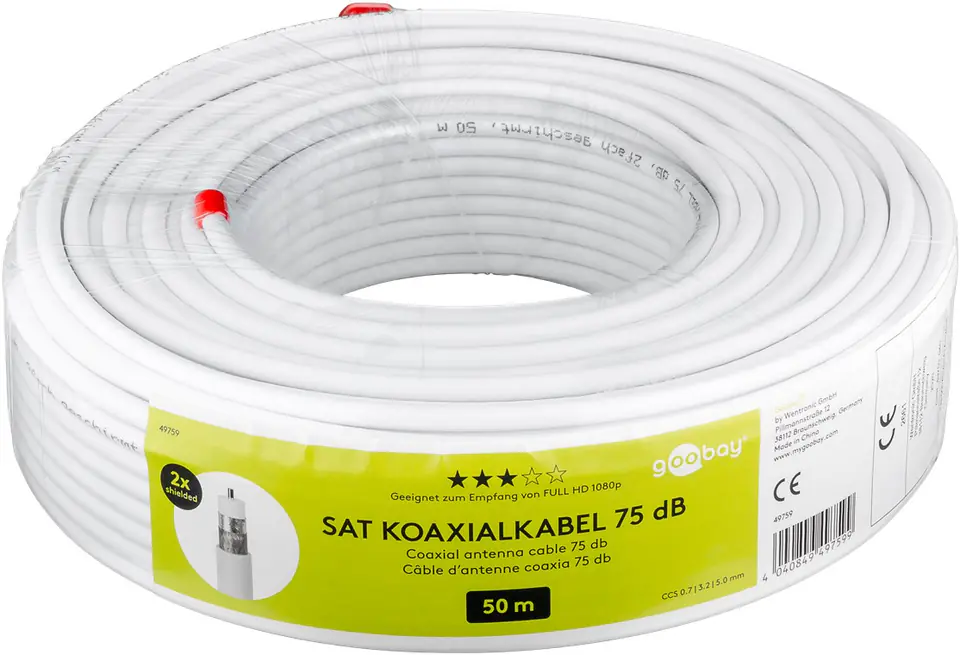 ⁨Kabel Koncentryczny RG6 Goobay 2xEKR 75dB CCS 50m⁩ w sklepie Wasserman.eu