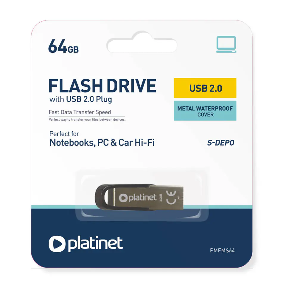 ⁨Pendrive 64GB USB 2.0 S-DEPO Platinet Metal UDP Waterproof 44848 srebrny⁩ w sklepie Wasserman.eu