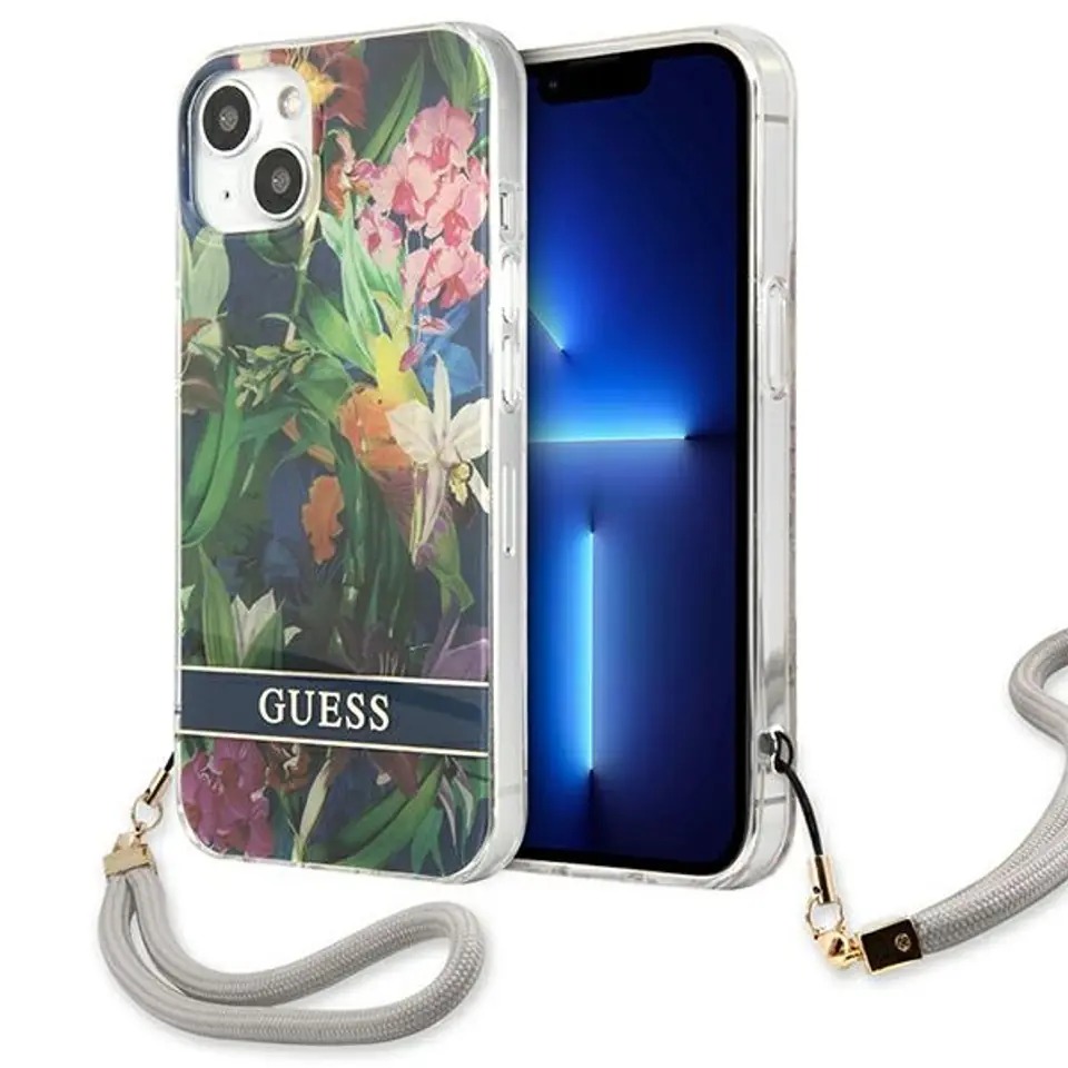 ⁨Guess GUHCP13MHFLSB iPhone 13 6.1" blue hardcase Flower Strap⁩ at Wasserman.eu