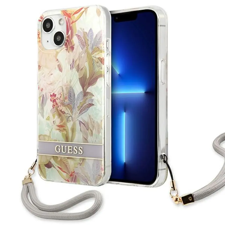 ⁨Guess GUHCP13SHFLSU iPhone 13 mini 5,4" fioletowy/purple hardcase Flower Strap⁩ w sklepie Wasserman.eu