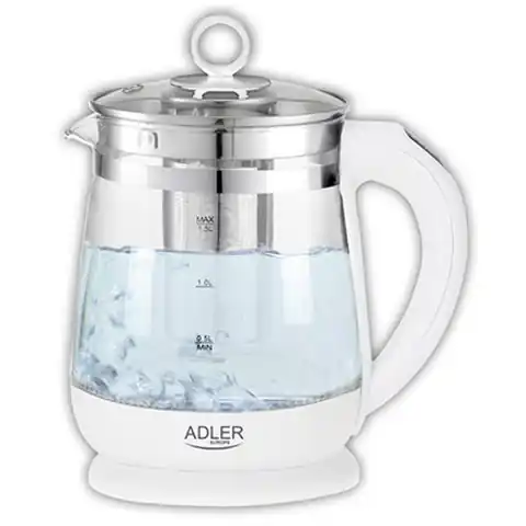 ⁨Adler Kettle AD 1299 Electric, 2200 W, 1.5 L, Glass/Stainless steel, 360° rotational base, White⁩ at Wasserman.eu