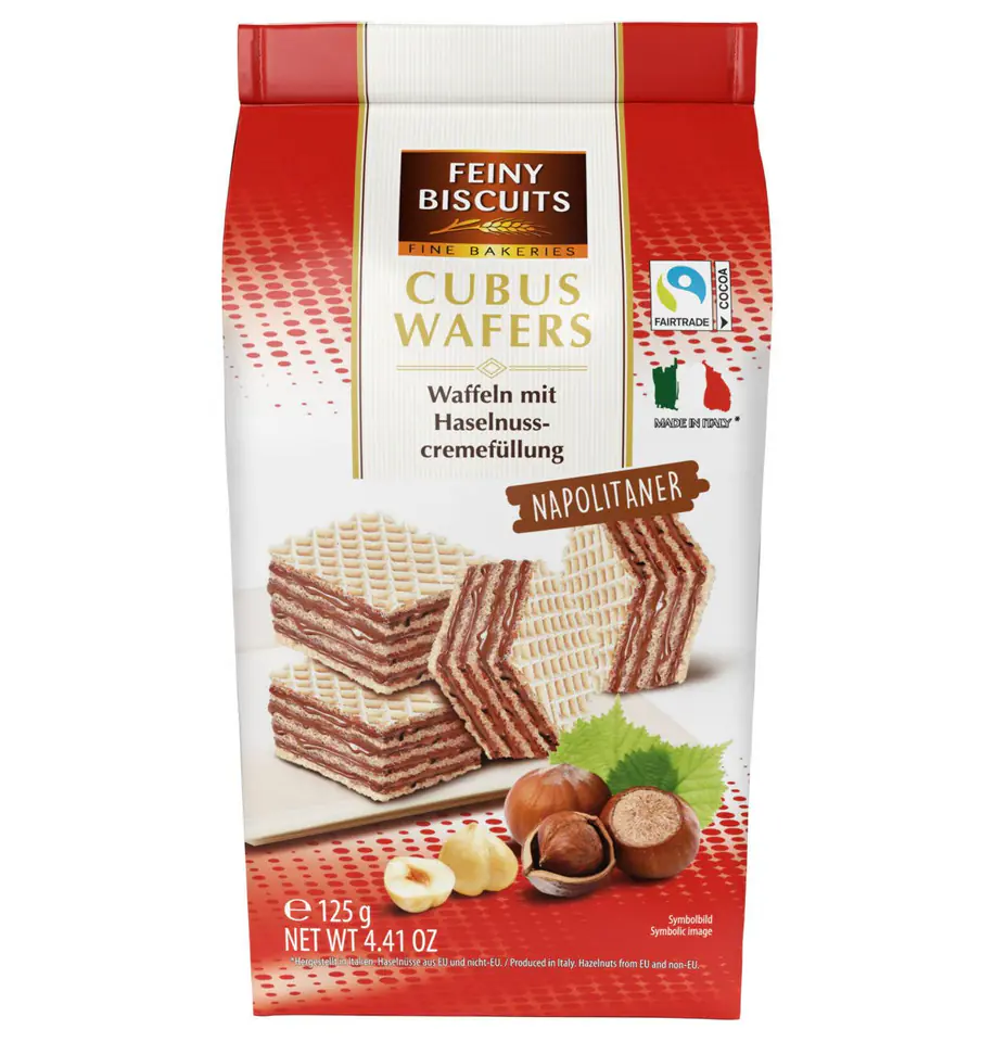 ⁨Feiny Biscuits Cubus Wafle z Kremem z Orzechów Laskowych 125 g⁩ w sklepie Wasserman.eu