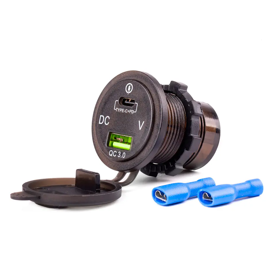 ⁨Wodoodporna ładowarka z gniazdami usb i testerem napięcia + usb-c 12v 24v mod-07 amio-02857⁩ w sklepie Wasserman.eu
