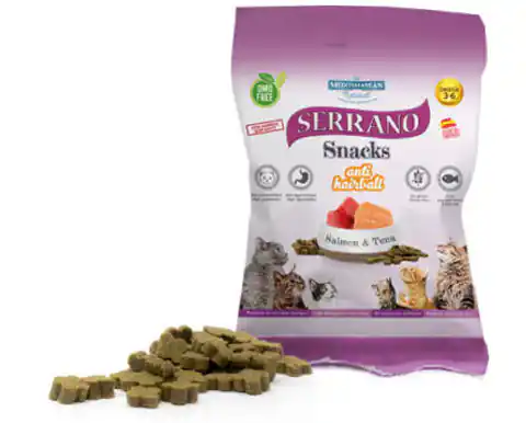 ⁨SERRANO Snack for cats with salmon and tuna for hairballs 50g⁩ at Wasserman.eu