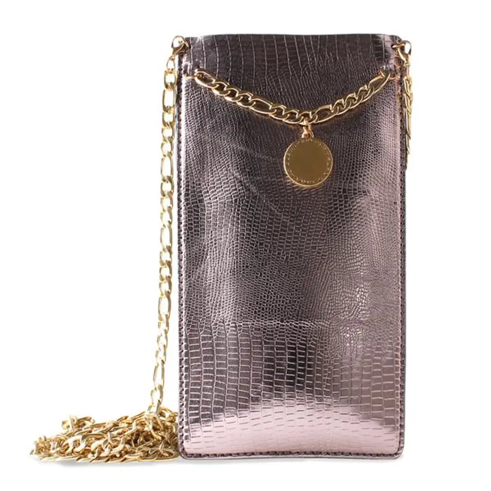 ⁨PURO GLAM Chain - Universal smartphone case with 2 card slots w/gold chain XL (brown)⁩ at Wasserman.eu