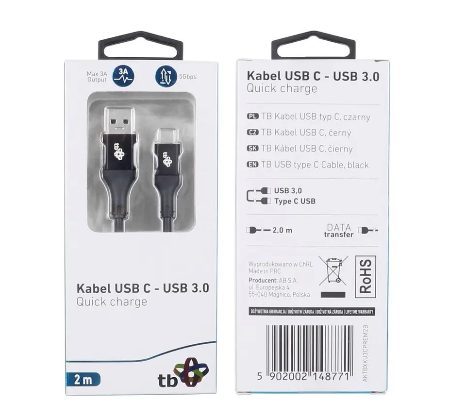 ⁨Cable USB 3.0-USB C 2m PREMIUM 3A black TPE⁩ at Wasserman.eu