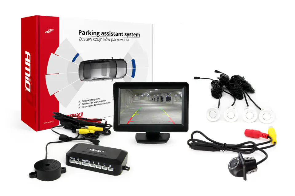 ⁨Parking sensor set tft01 4,3" with hd-305 led camera 4 sensors white⁩ at Wasserman.eu