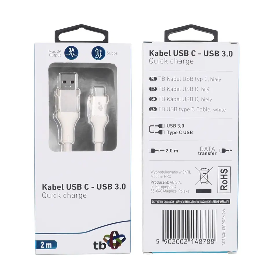 ⁨Cable USB 3.0 - USB C 2m PREMIUM 3A white TPE⁩ at Wasserman.eu