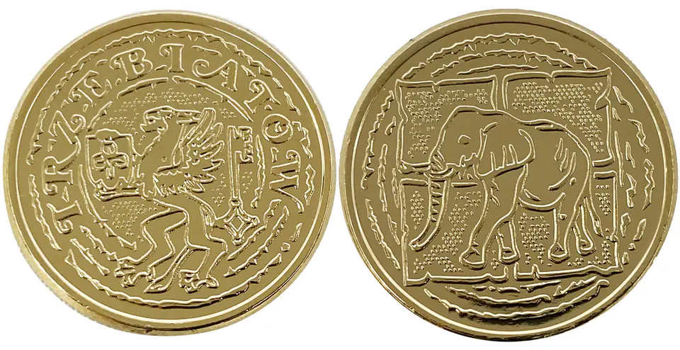 ⁨Gilded coin "Gryf i Słoń" from Trzebiatów⁩ at Wasserman.eu