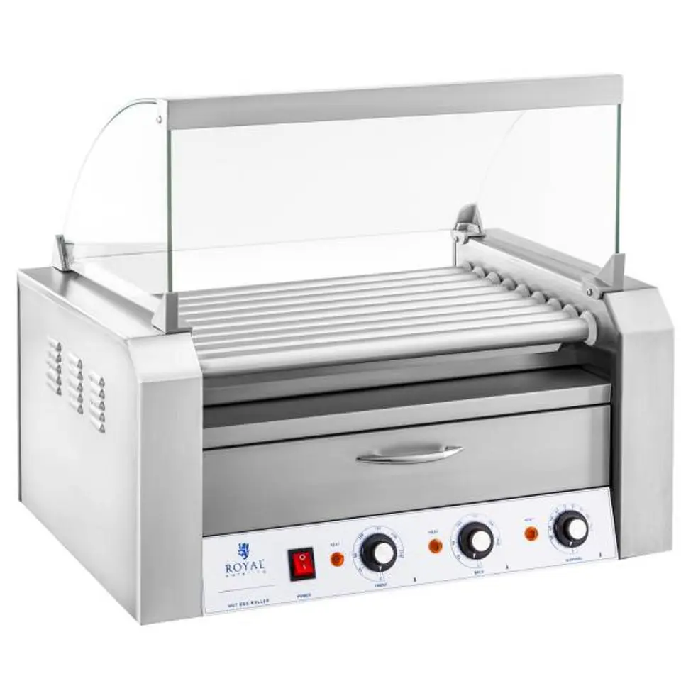 ⁨Roller grill rolkowy z osłoną i szufladą grzewczą do bułek 16 parówek HotDog 2200W 230V Royal Catering⁩ w sklepie Wasserman.eu