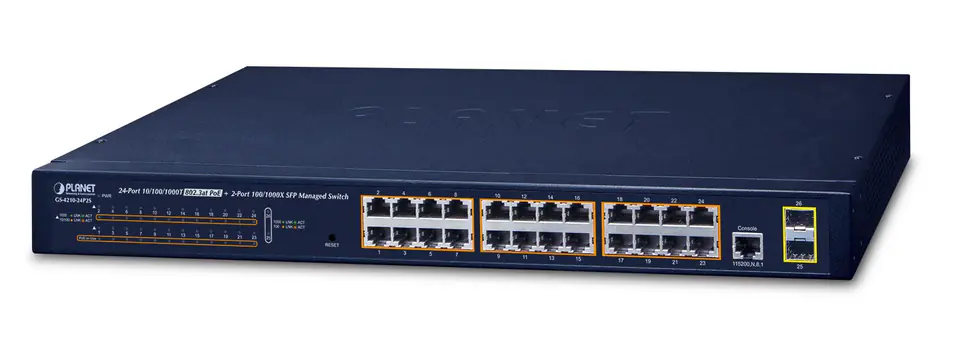 ⁨PLANET GS-4210-24P2S network switch Managed L2/L4 Gigabit Ethernet (10/100/1000) Power over Ethernet (PoE) 1U Blue⁩ at Wasserman.eu