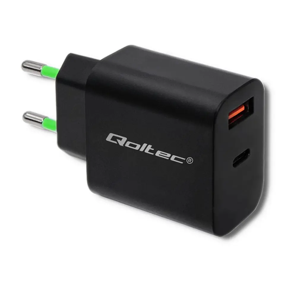 ⁨Qoltec 51713 Charger | 18W | 5-12V | 1.5-3A | USB type C PD | USB QC 3.0 | Black⁩ at Wasserman.eu