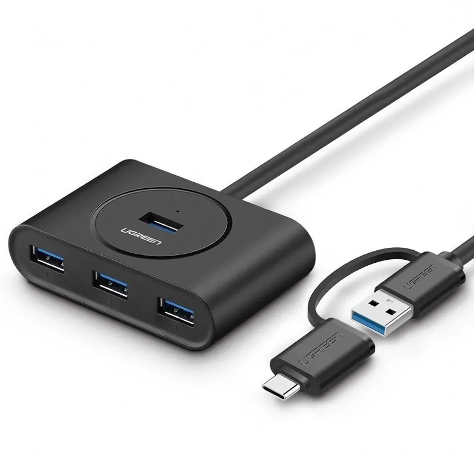 ⁨HUB USB 3.0 + USB-C 3.1 UGREEN 4-portowy, OTG (czarny)⁩ w sklepie Wasserman.eu