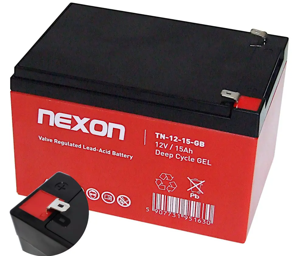 ⁨Czerwony Akumulator NEXON żelowy GEL 12V 15Ah UPS ROWER POJAZD⁩ w sklepie Wasserman.eu