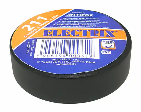 ⁨Electrix 211 PVC tape, black, 19 mm x 20 m. (1LM)⁩ at Wasserman.eu