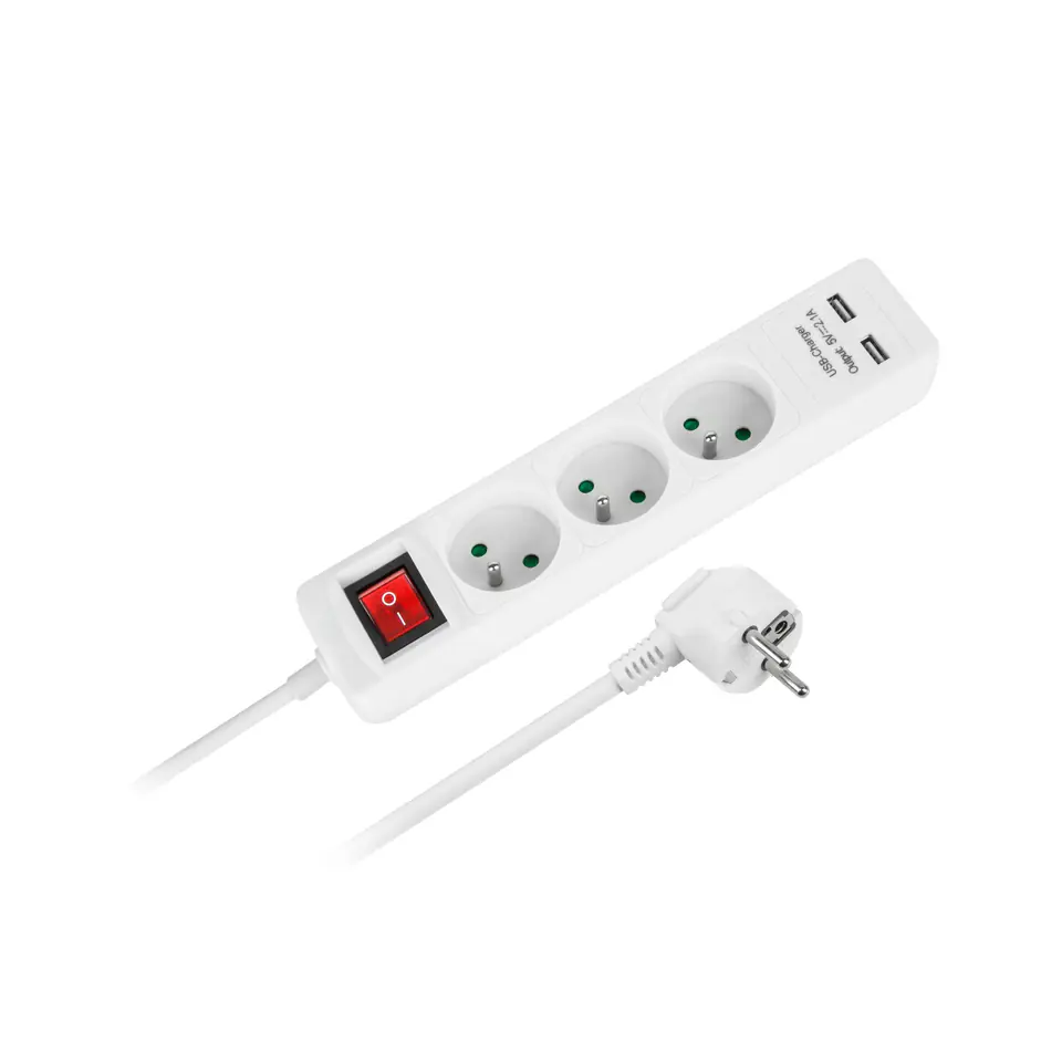 ⁨Przedłużacz sieciowy Rebel  3 gniazda + 2 gniazda USB, z wyłącznikiem - 3m (1LL)⁩ w sklepie Wasserman.eu