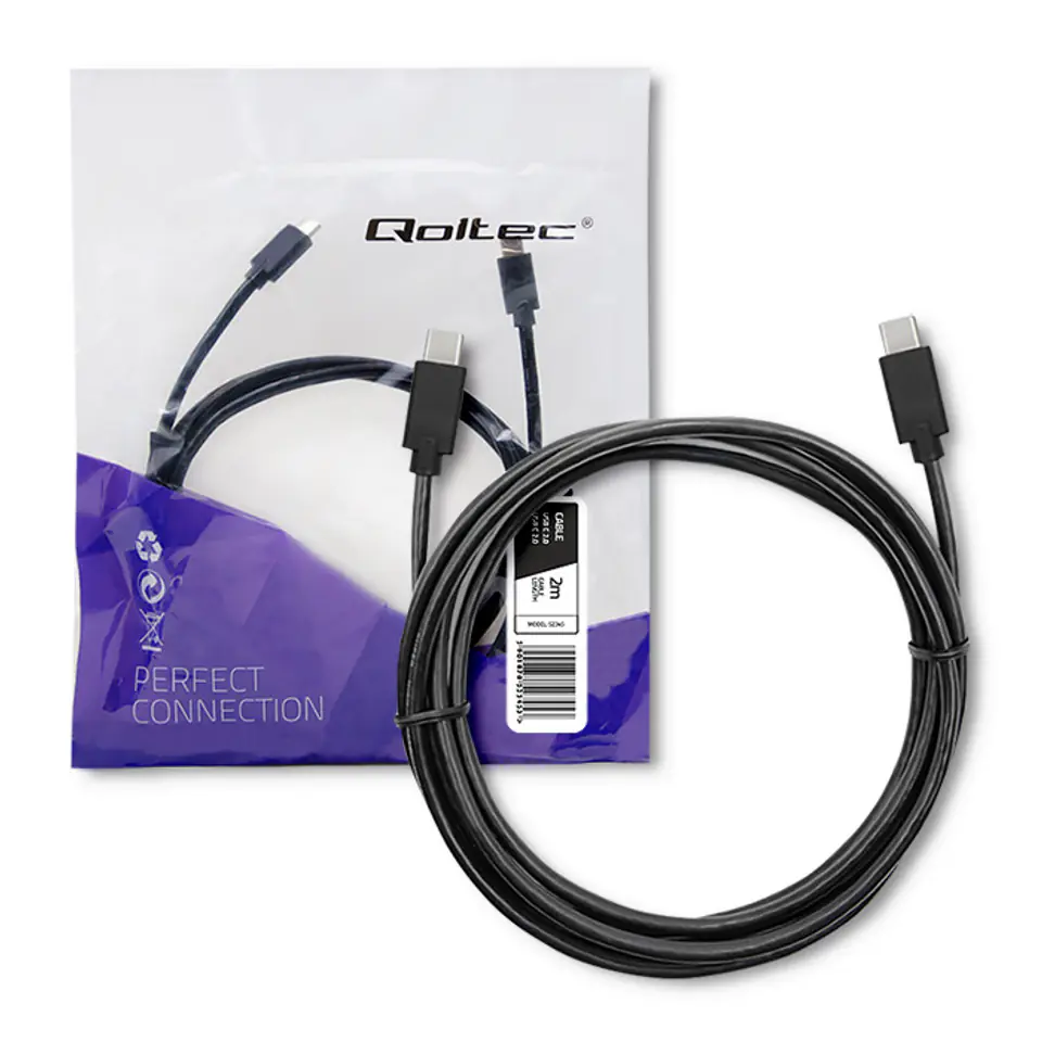 ⁨Qoltec Kabel USB 2.0 typ C męski | USB 2.0 typ C męski | 2m | Czarny (0NC)⁩ w sklepie Wasserman.eu