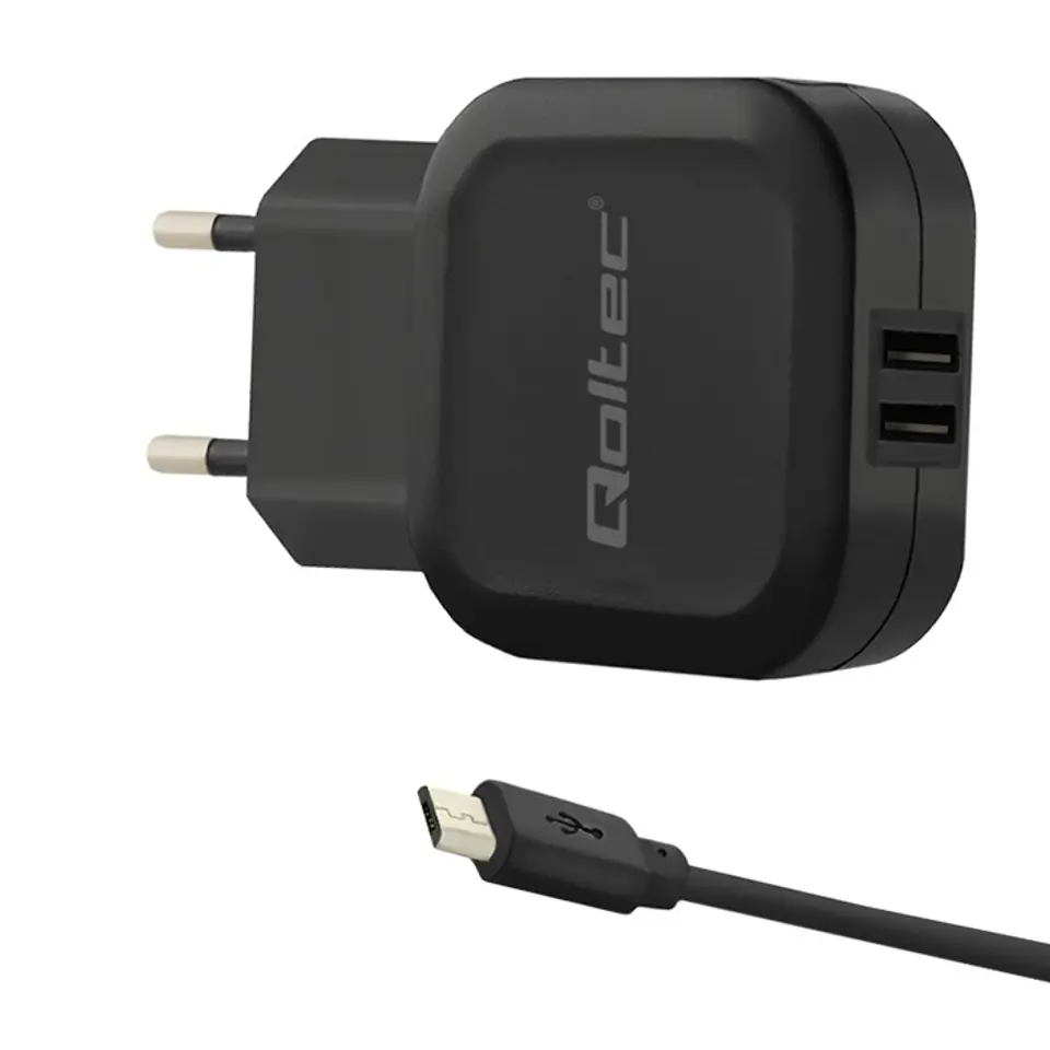 ⁨Qoltec Ładowarka sieciowa 17W | 5V | 3.4A | 2xUSB + kabel MicroUSB (0NC)⁩ w sklepie Wasserman.eu