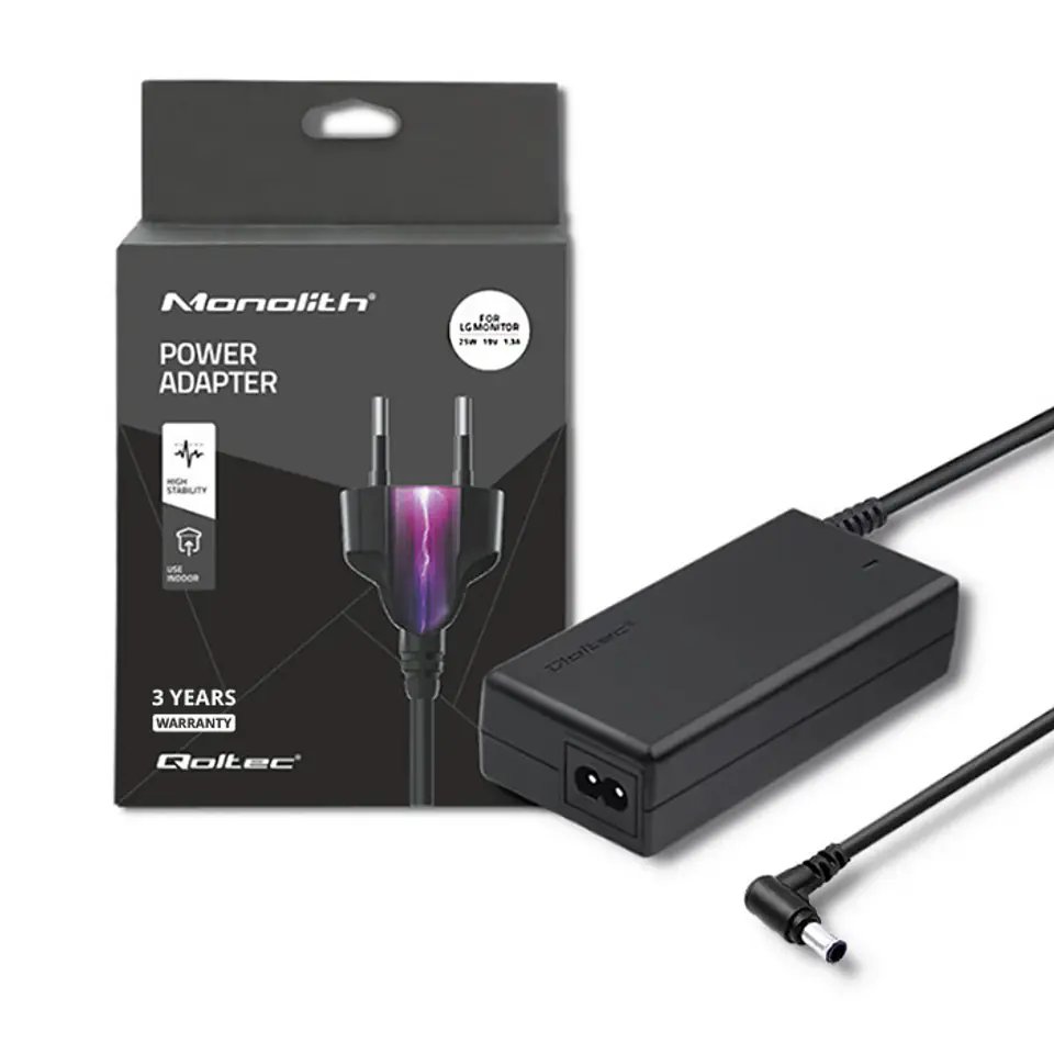 ⁨Qoltec 51774 Power adapter for LG monitor 25W | 1.3A | 19V | 6.5 * 4.4 + power cable⁩ at Wasserman.eu