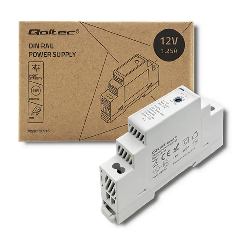 ⁨Qoltec Zasilacz na szynę DIN 15W 12V 1.25A Szary⁩ w sklepie Wasserman.eu