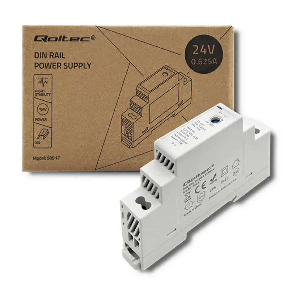 ⁨Qoltec DIN rail power supply | 15W | 24V | 0.625A | Grey (0NC)⁩ at Wasserman.eu