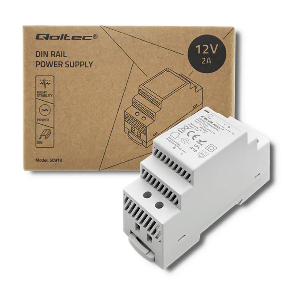 ⁨Qoltec DIN rail power supply | 24W | 12V | 2A | Grey (0NC)⁩ at Wasserman.eu