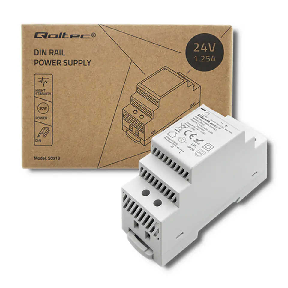 ⁨Qoltec DIN rail power supply | 30W | 24V | 1.25A | Grey (0NC)⁩ at Wasserman.eu