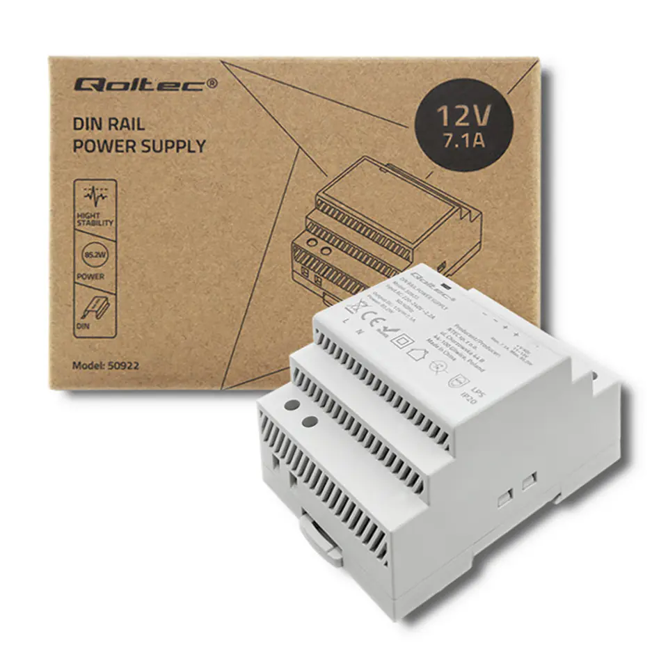 ⁨Qoltec DIN rail power supply | 85.2W | 12V | 7.1A | Grey (0NC)⁩ at Wasserman.eu