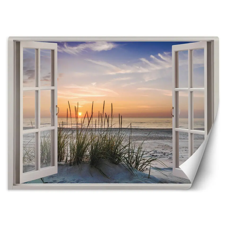 ⁨Wall mural, Window - setting sun on the beach (Size 210x150)⁩ at Wasserman.eu