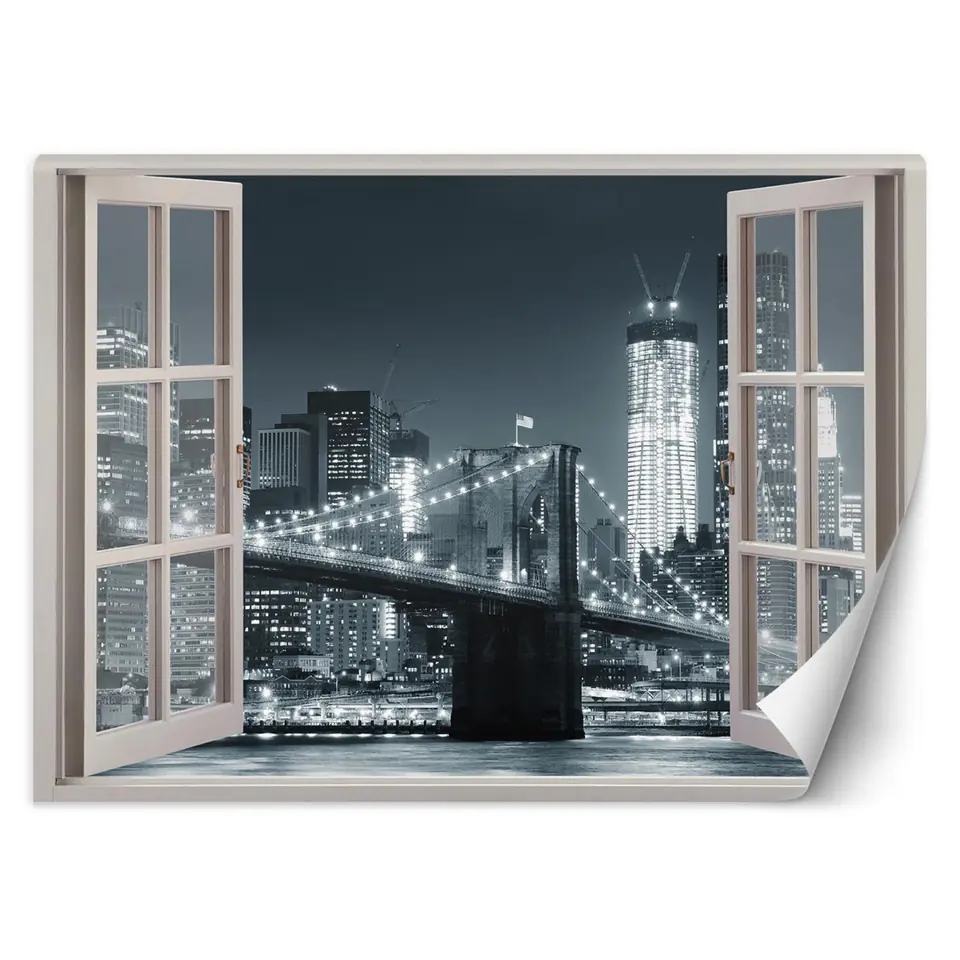 ⁨Wall mural, Window - New York Brooklyn Bridge black and white (Size 280x200)⁩ at Wasserman.eu