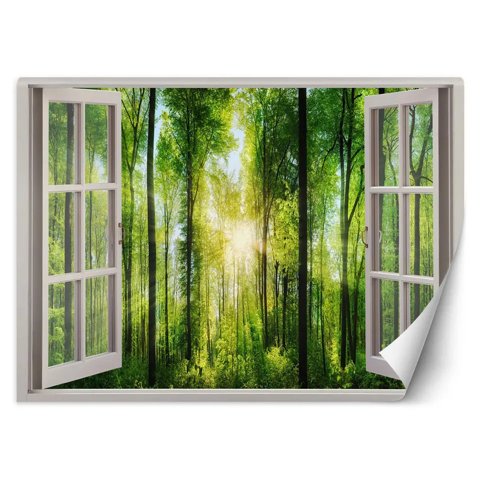 ⁨Wall mural, Window - rays of the sun in the forest (Size 140x100)⁩ at Wasserman.eu