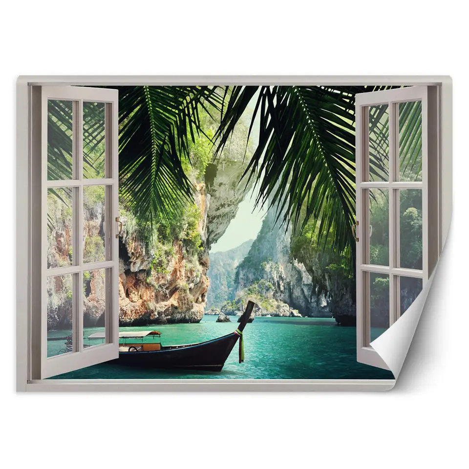 ⁨Fototapeta, Widok z okna tropikalna plaża palmy (Rozmiar 140x100)⁩ w sklepie Wasserman.eu