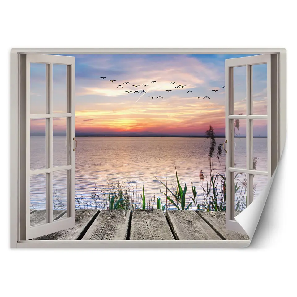 ⁨Wall mural, Window with a view of the setting sun (Size 140x100)⁩ at Wasserman.eu