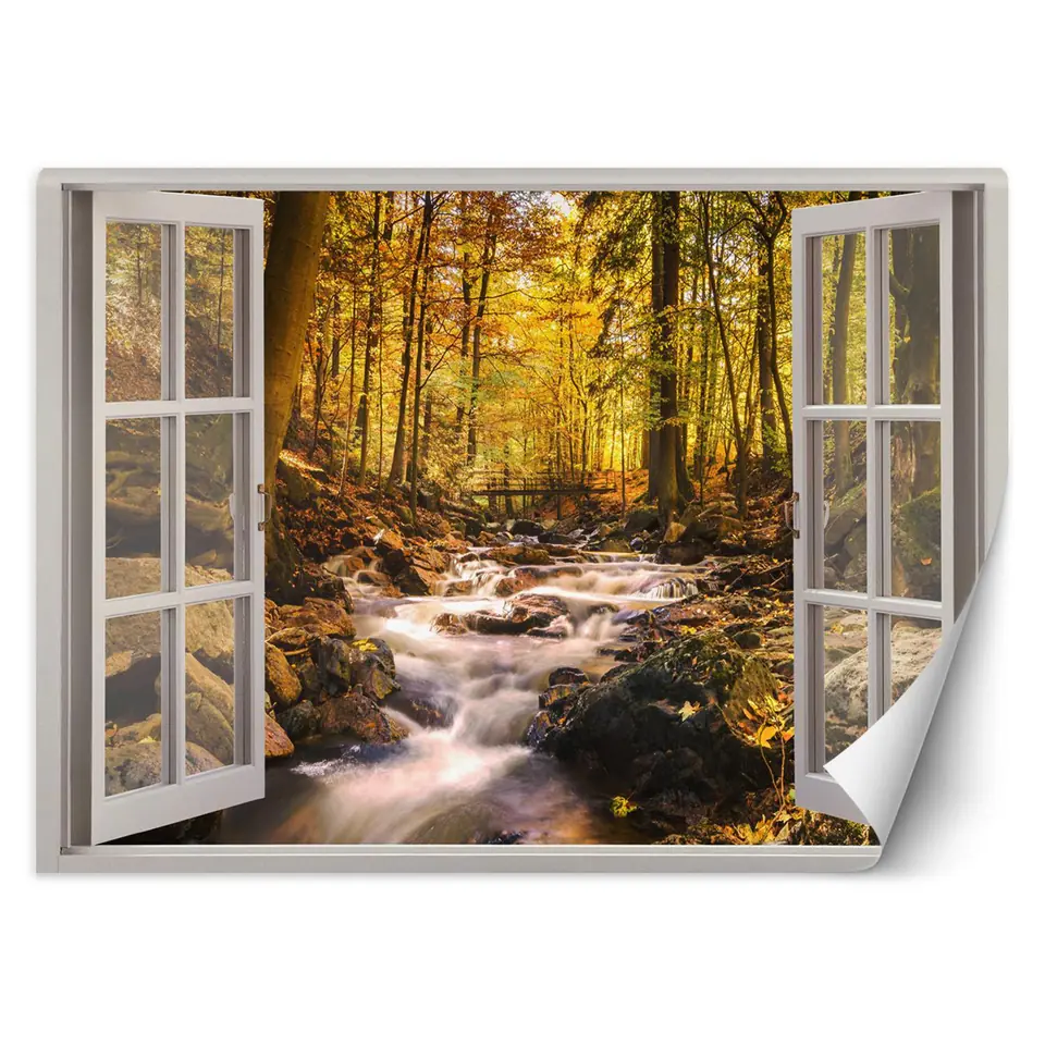 ⁨Fototapeta, Okno widok las górski potok (Rozmiar 210x150)⁩ w sklepie Wasserman.eu