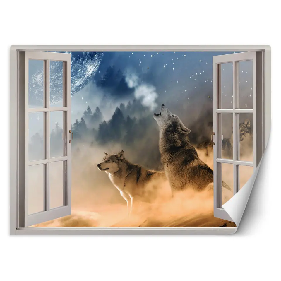 ⁨Wall mural, Window - howling wolves (Size 140x100)⁩ at Wasserman.eu