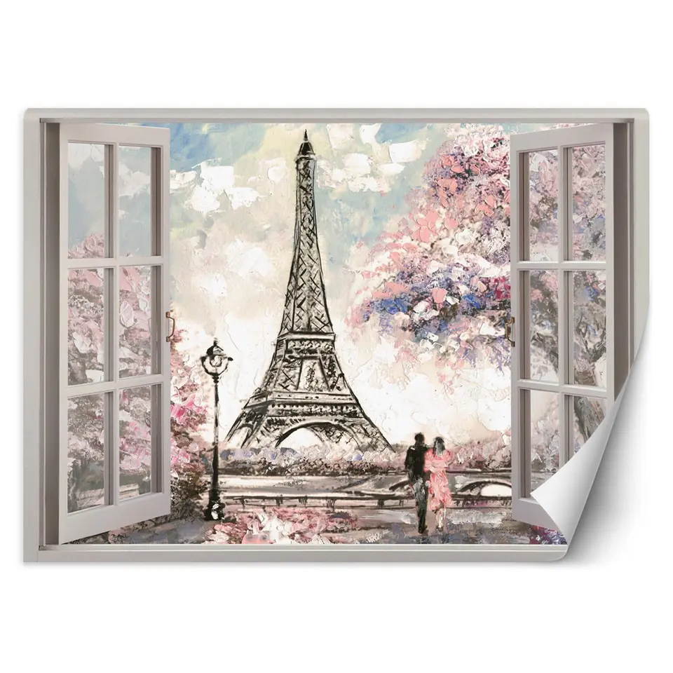 ⁨Wall mural, Window with view of the Eiffel Tower (Size 140x100)⁩ at Wasserman.eu