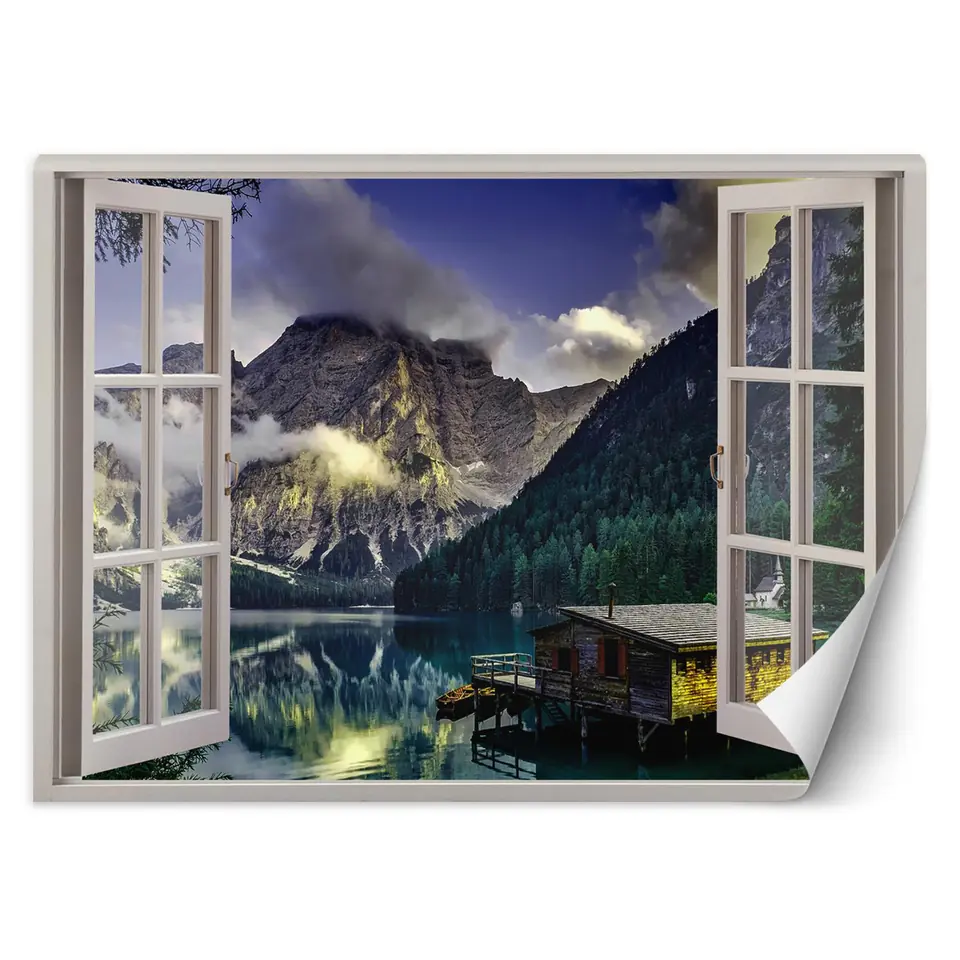 ⁨Fototapeta, Okno widok na jezioro domek w górach (Rozmiar 140x100)⁩ w sklepie Wasserman.eu