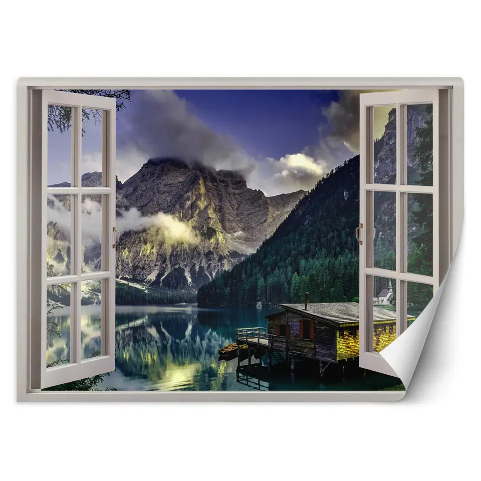 ⁨Wall mural, Window - lake view in the mountains (Size 140x100)⁩ at Wasserman.eu