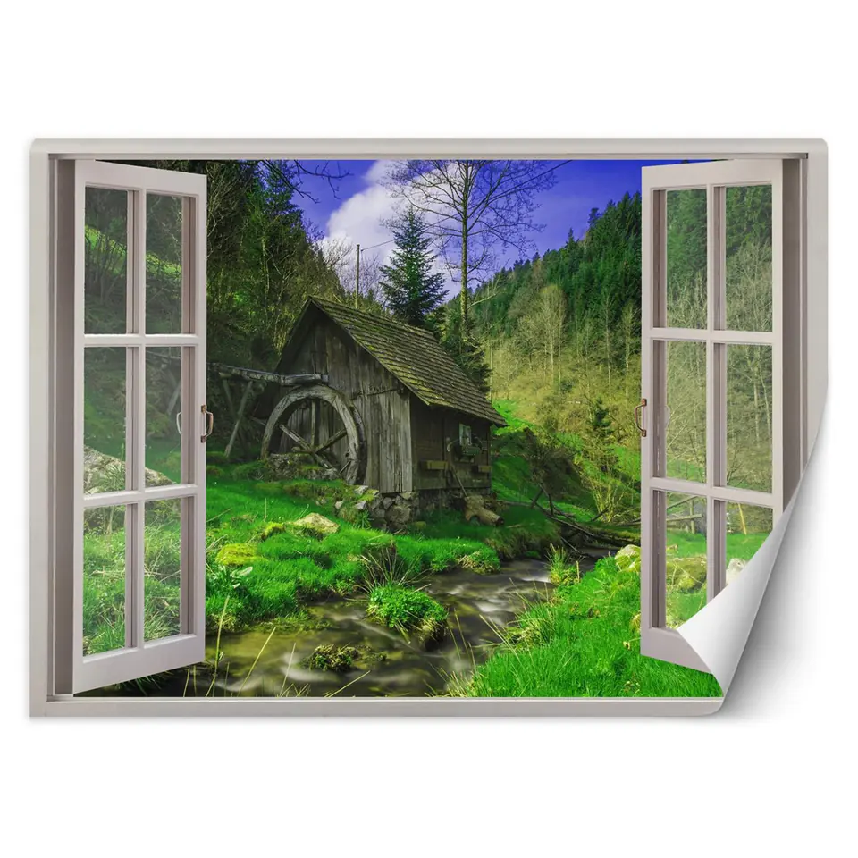 ⁨Wall mural, Window - view of the hut in the forest (Size 280x200)⁩ at Wasserman.eu