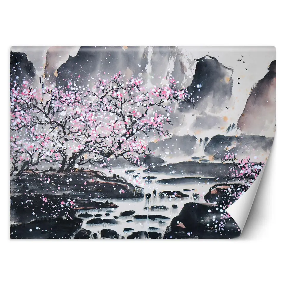 ⁨Wall mural, Cherry blossom on the background of mountains (Size 350x245)⁩ at Wasserman.eu