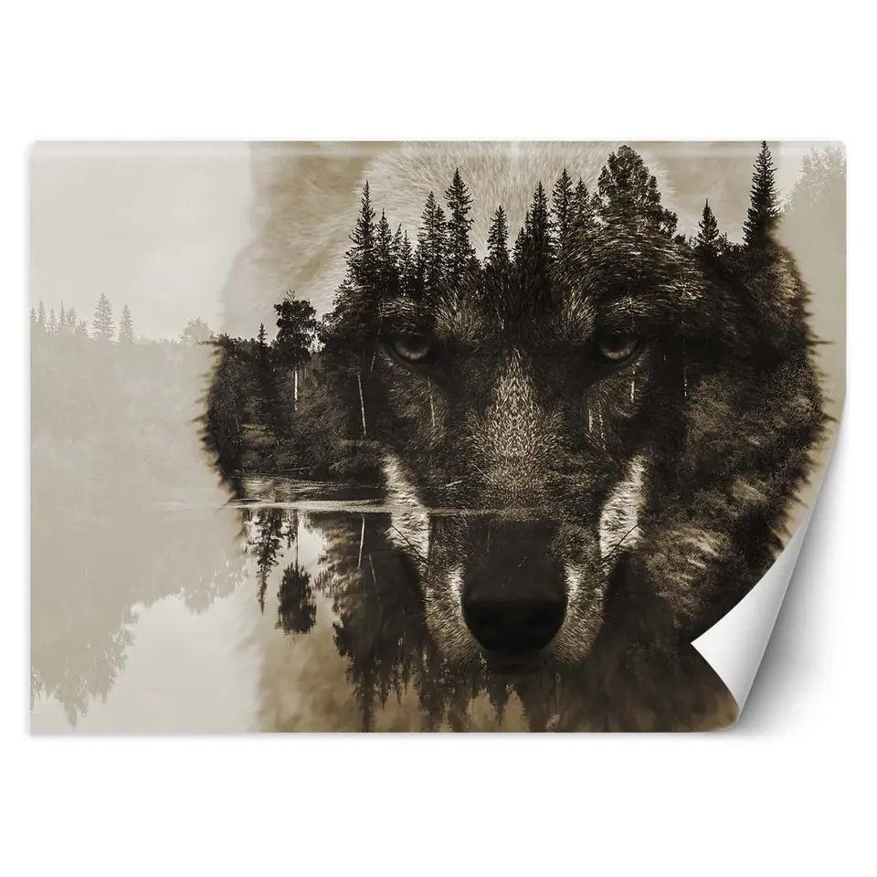 ⁨Wall mural, Wolf on the background of the lake (Size 450x315)⁩ at Wasserman.eu