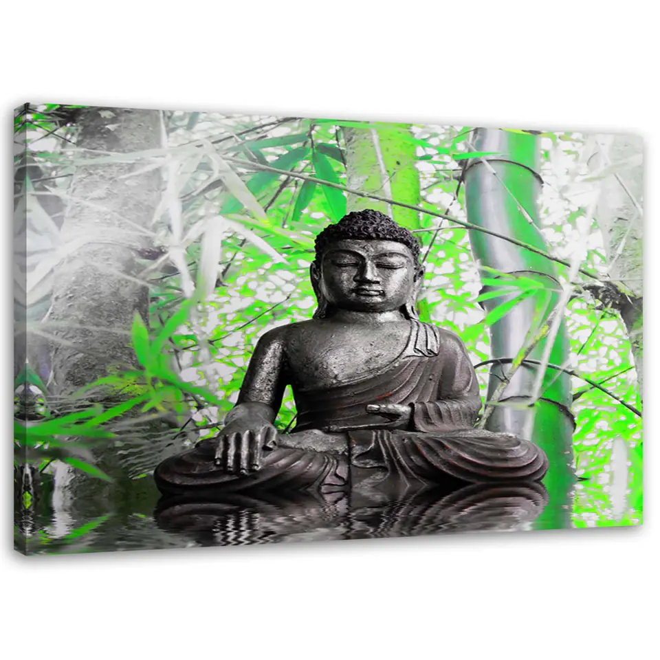 ⁨Obraz na płótnie, Budda i liście (Rozmiar 120x80)⁩ w sklepie Wasserman.eu